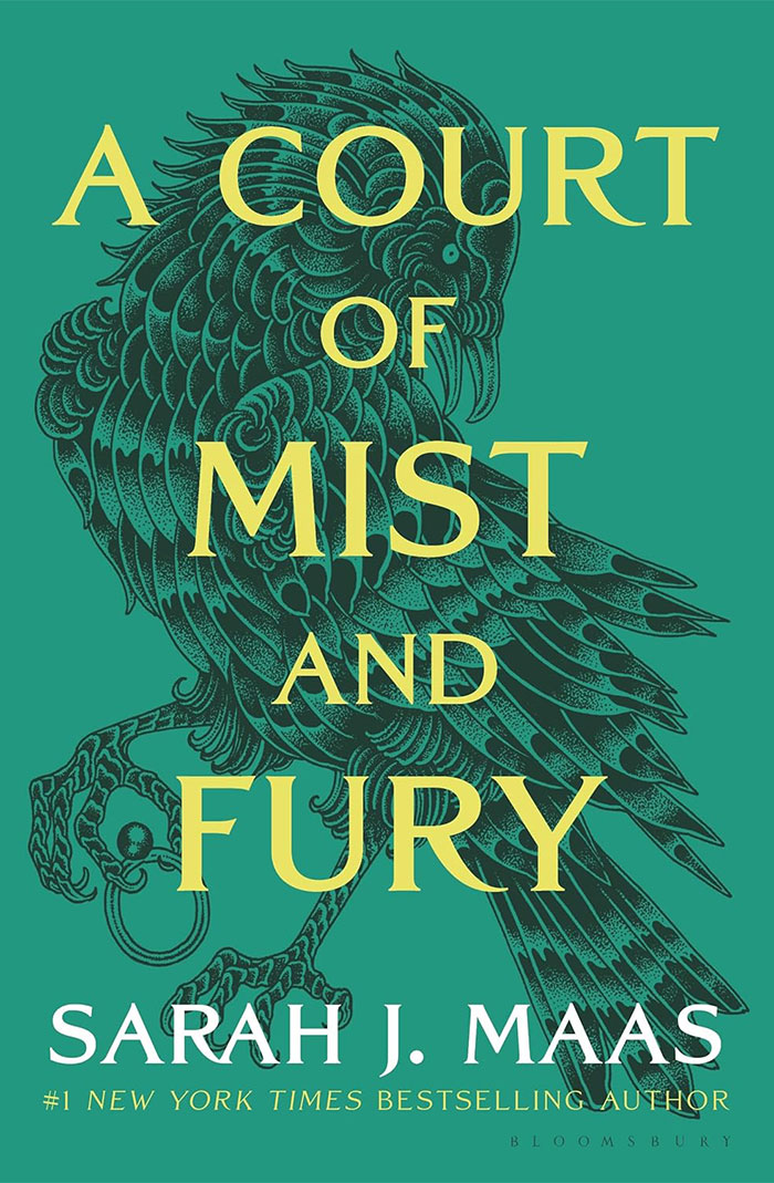 Book cover of &ldquo;A Court of Mist and Fury&rdquo; by Sarah J. Maas, featuring a stylized bird design.