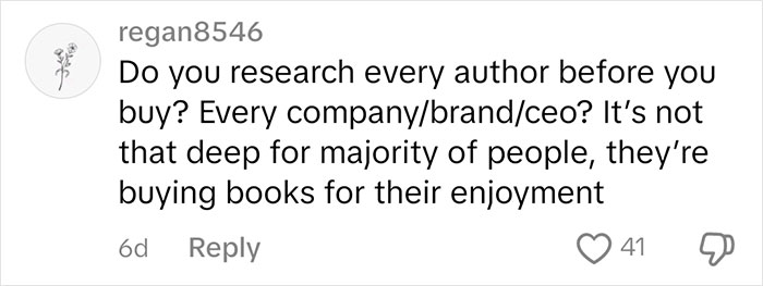 Comment questioning the judgment of book buyers based on authors, with a focus on personal enjoyment over scrutiny.