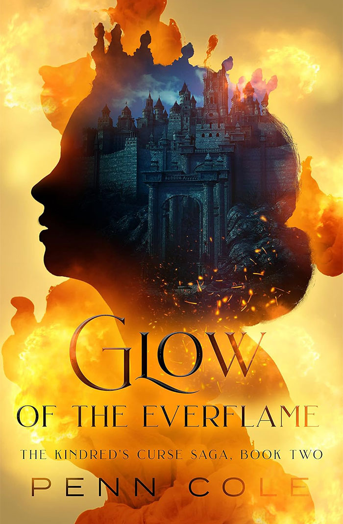 Glow of the Everflame book cover, fiery silhouette with a castle, evokes judgment in some readers.