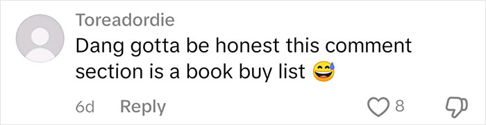 Comment on book judgment: "This comment section is a book buy list," with laughing emoji, 8 likes.