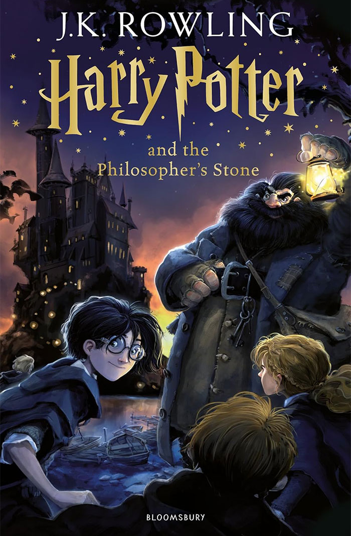 Cover of J.K. Rowling's Harry Potter and the Philosopher's Stone featuring main characters and a castle.