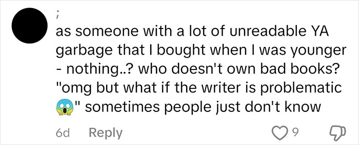 Comment discussing unreadable YA books and owning bad books with a shocked emoji.