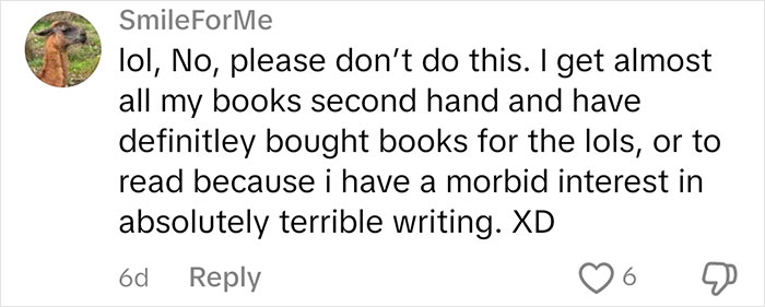 Comment about judging people based on books, from user debating second-hand book reasons.