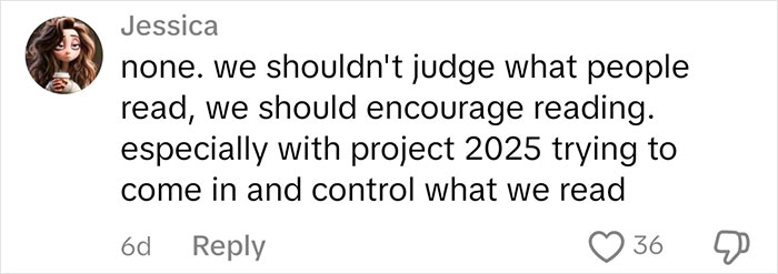 Comment discussing judgment over book choices, advocating for reading freedom.