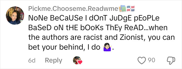 Comment discussing judgment of people based on book choice, emphasizing issues with authors' views.