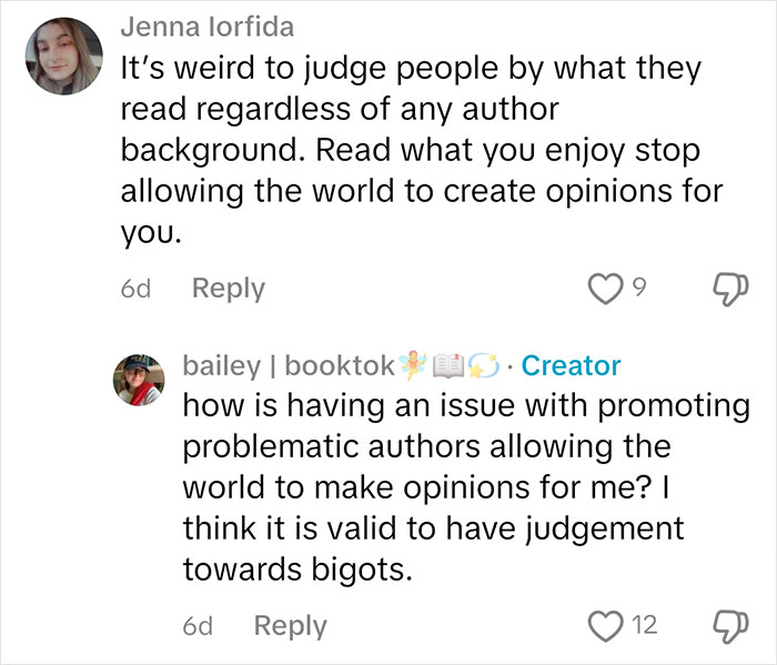 Social media comments discussing judgment based on book choices.