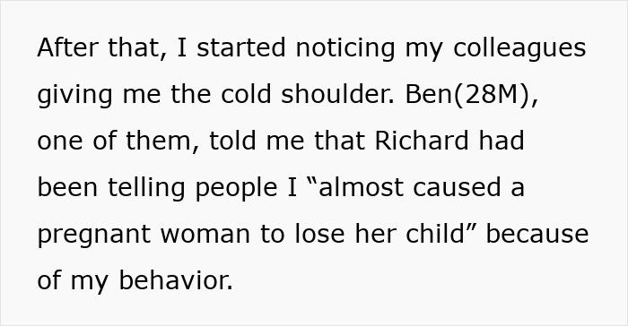 Text discussing the impact of behavior on a pregnant woman, mentioning coworkers and social repercussions.