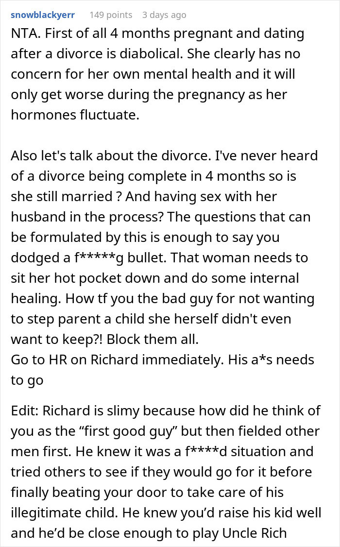 Reddit comment discussing a man's refusal to date a pregnant woman and opinions on divorce and parenting.