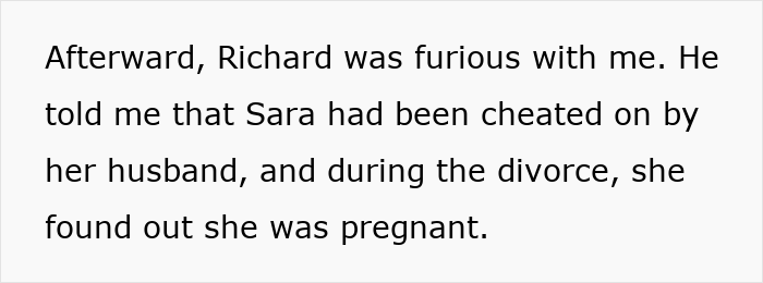 Text about a pregnant woman finding out she was cheated on during her divorce.