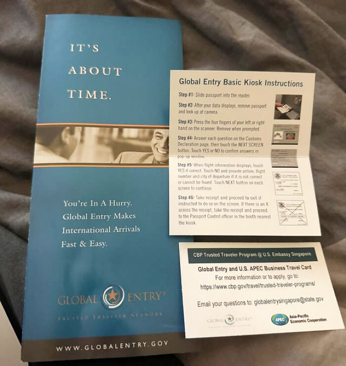 Global Entry brochure and instructions for kiosk use, highlighting valuable membership benefits for international travelers.