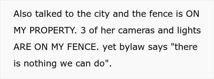 Text discussing city dispute over neighbor&rsquo;s cameras pointed at windows.