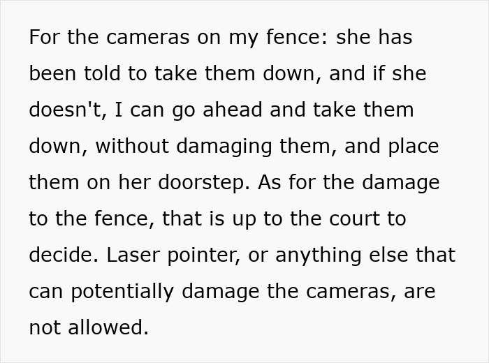 Text detailing a man&rsquo;s response to a neighbor pointing cameras at his windows, involving court discussions and camera removal.