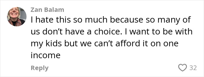 Comment discussing challenges of daycare for young kids and financial constraints.