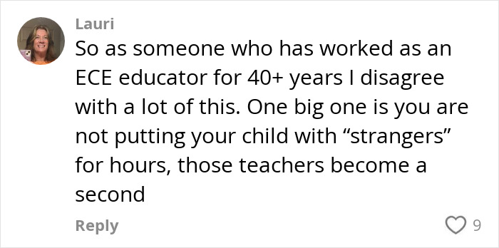 Lauri's comment discusses children in daycare, highlighting educators' role after 40 years in early childhood education.