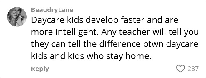 Comment discussing daycare and child development differences among young kids.