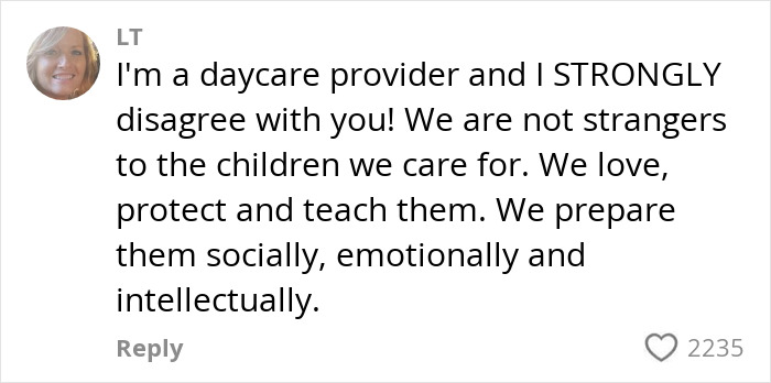 Daycare provider emphasizes emotional and intellectual care for young kids, responding to parenting concerns.