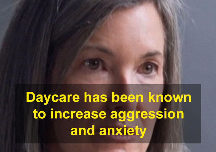 Parenting expert discusses daycare impact on young kids' behavior, showing a woman's concerned expression.