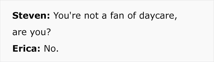 Text conversation highlighting daycare concerns and parenting perspectives.
