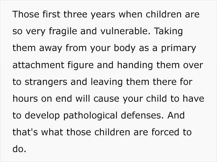 Text about young children being fragile and vulnerable, discussing concerns with early daycare placement.