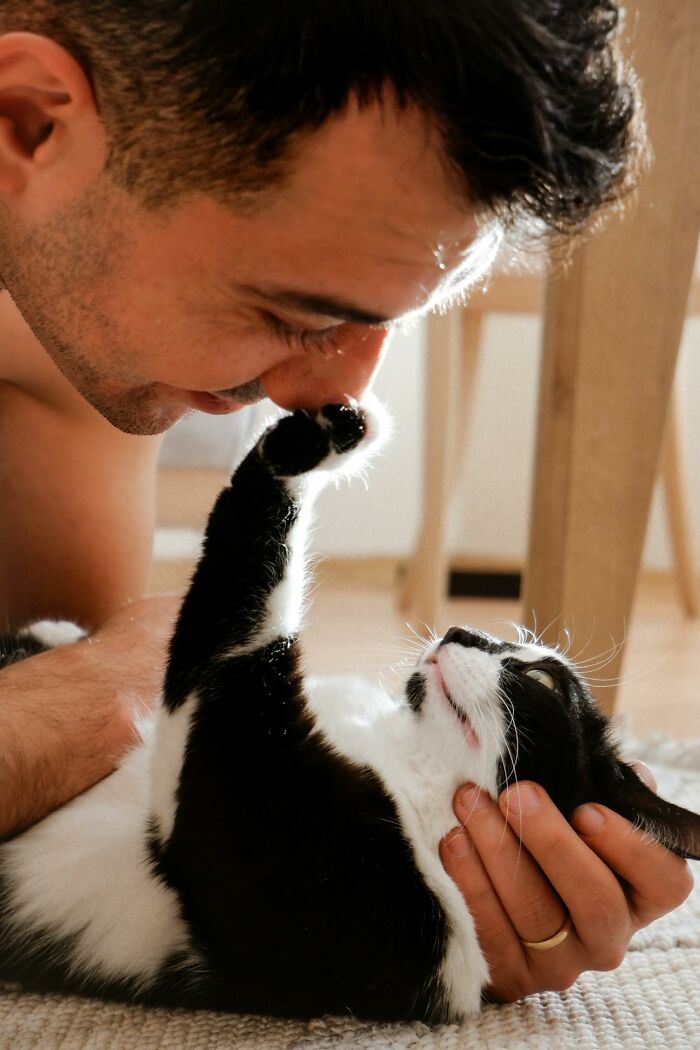 Man playfully interacts with a black and white cat, showcasing a fresh perspective on human-animal connection.