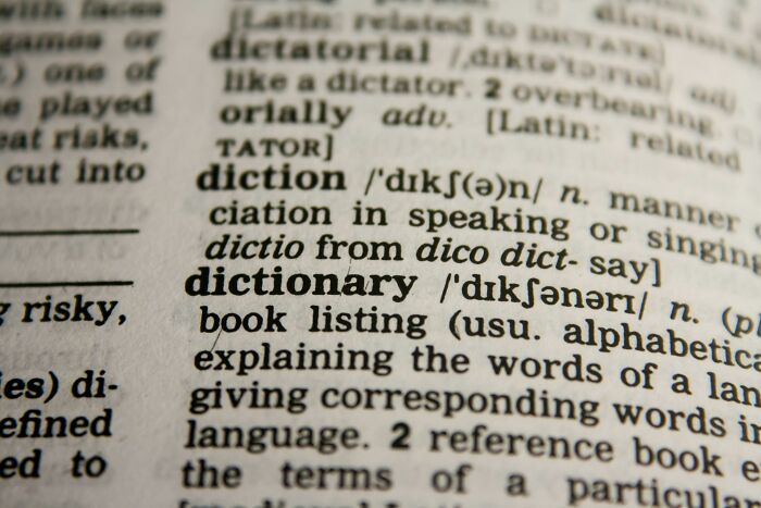 Close-up of a dictionary page with definitions and phonetic spellings, showcasing the term &ldquo;dictionary.&quot;