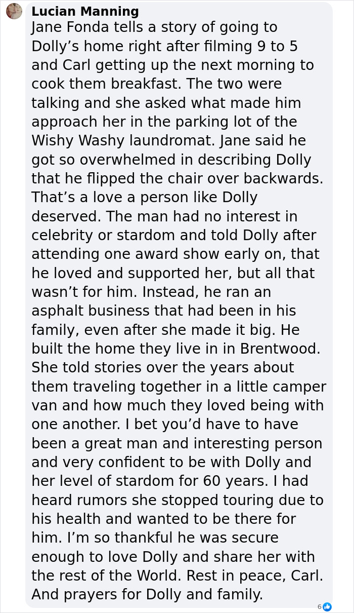 Text about Dolly Parton and Carl Thomas Dean's laundromat love story shared by Lucian Manning.