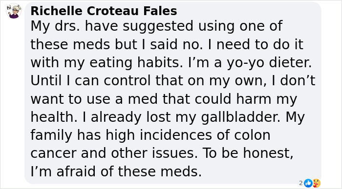 Text discussing Ozempic side effects and personal health concerns.