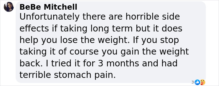 Comment discussing Ozempic side effects and weight loss, mentioning stomach pain from long-term use.