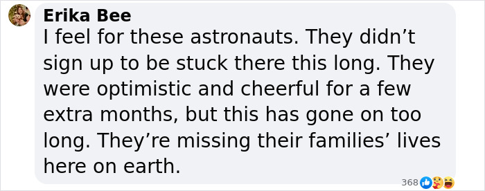 Comment criticizing SpaceX for delaying astronaut rescue mission, expressing empathy for stranded astronauts.