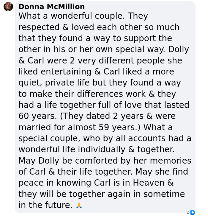 Text tribute to Dolly Parton and Carl Thomas Dean's love story after his passing at 82.