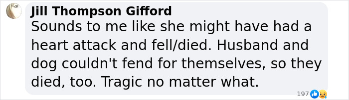 Comment from Jill Thompson Gifford discussing a tragic incident involving a couple and their dog.