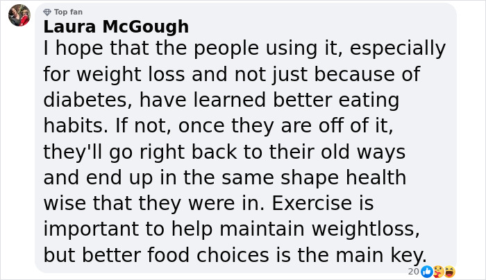 Comment discussing Ozempic’s side effects and its impact on weight loss habits and beauty standards.