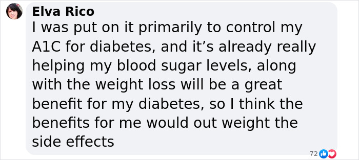 Comment discussing weight loss benefits and side effects related to Hollywood's Ozempic trend.