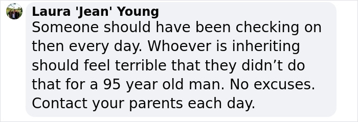 Comment discussing parental care and inheritance related to a 95-year-old man, highlighting the importance of daily contact.