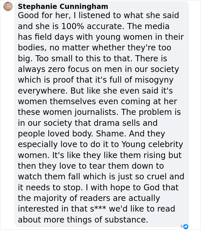 Comment discussing Millie Bobby Brown's stance on bullying of young women's looks in society.