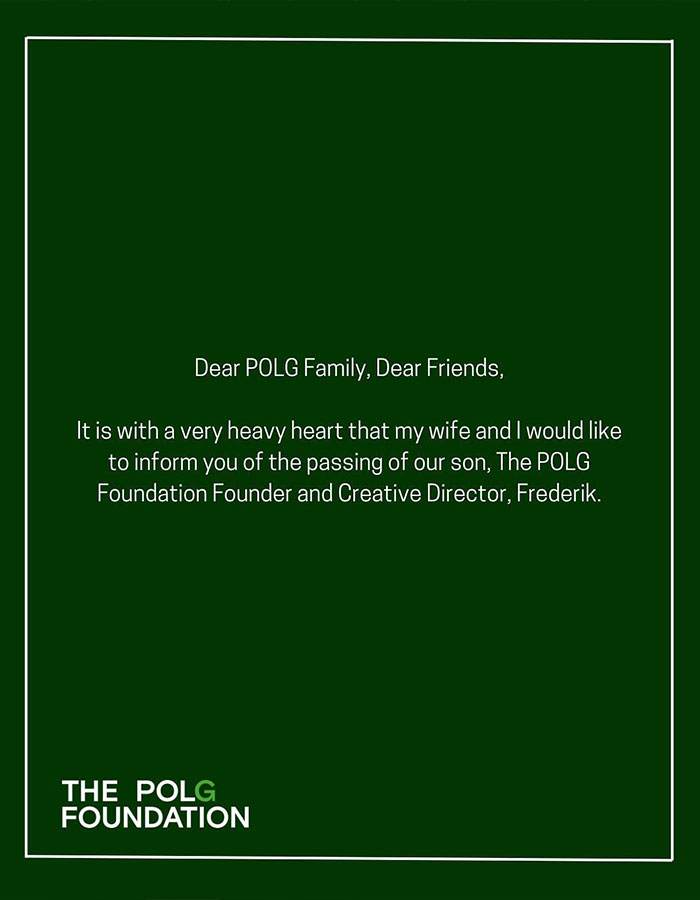 Passing of Prince Frederik announced by POLG Foundation.