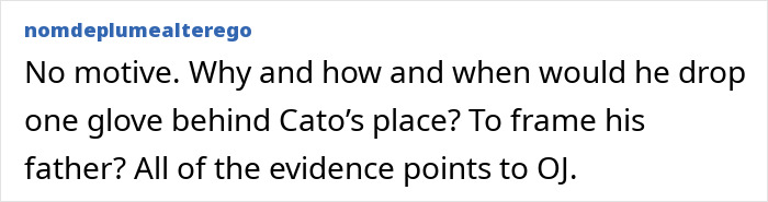 Text from user commenting on O.J. Simpson's case, questioning motive and evidence.