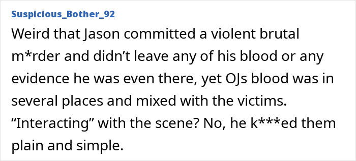 Reddit comment discussing O.J. Simpson framing theory, questioning evidence involving his son in the crime scene.