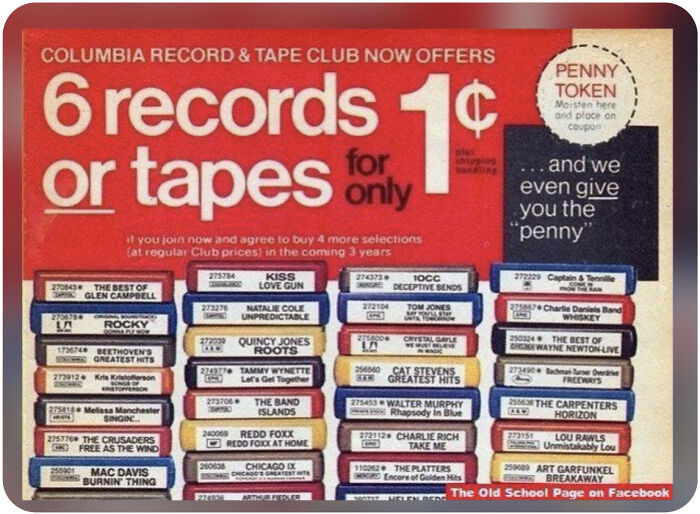 Columbia Record Club offers 6 records or tapes for 1 cent, featuring valuable memberships and popular music selections.