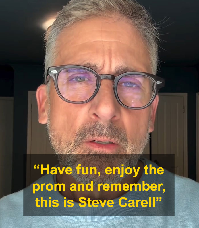 Steve Carell encourages teen victims of LA fires with a message for prom, wearing glasses in a close-up shot.