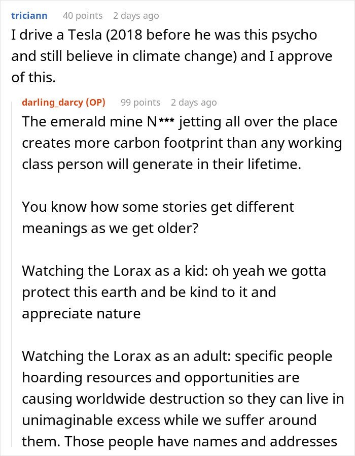 Reddit comments discussing Tesla drivers and environmental impact in relation to special treatment at charging stations.