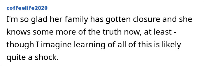 Comment discussing family closure after girl found alive 26 years later.