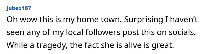 Text comment about hometown and surprise at not seeing local social media posts about the girl found alive.