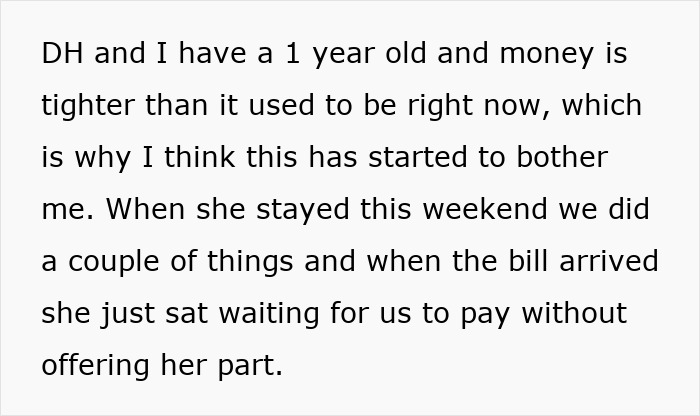 Text discussing a situation where the mother-in-law doesn't pay her share when the bill arrives.